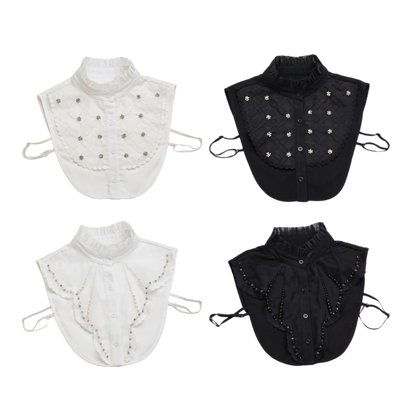 

Elegant Detachable Women's Collar Insert Layering Half Shirt Rhinestones Flower Beaded Ruffle Mock Neck Blouse Crop Top