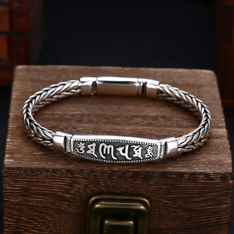 

S925 Sterling Silver Bracelet Men's thick type six words mantra woven Thai silver vintage distressed trendy jewelry