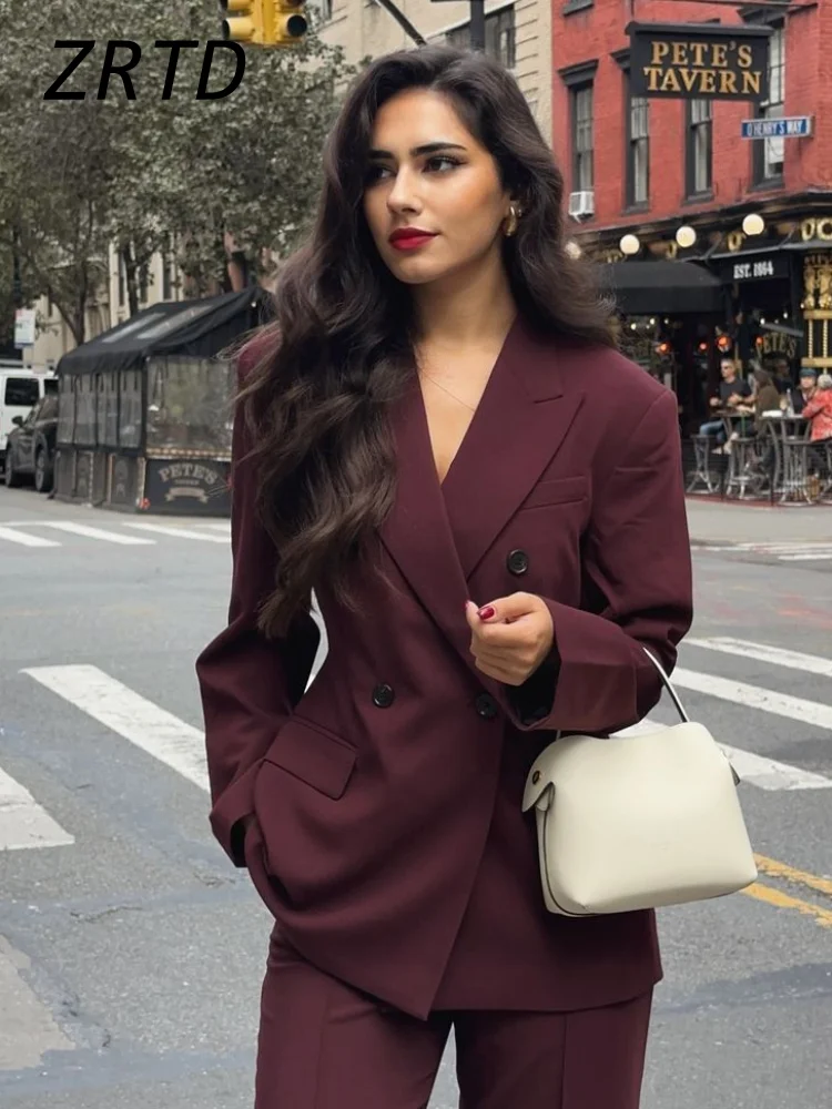 Vintage Women's Burgundy Blazers Elegant Lapel Double Breasted Pocket Full Sleeve Suit Jacket 2024 Autumn Lady Office Outwear