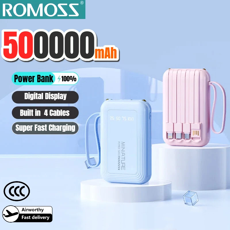 ROMOSS 500000mAh Power Bank 4 in 1 Large Capacity Super Fast Charging Mini Portable External Battery for iPhone Samsung New