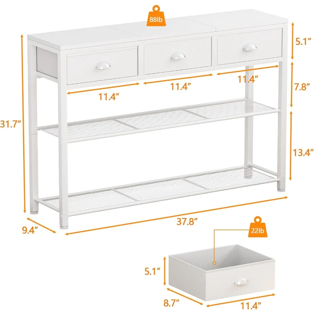 طاولة مدخل بيضاء من Furologee، طاولة أريكة كونسول مقاس 38 بوصة مع 3 أدراج قماشية، طاولة مدخل صناعية مع أرفف تخزين،
