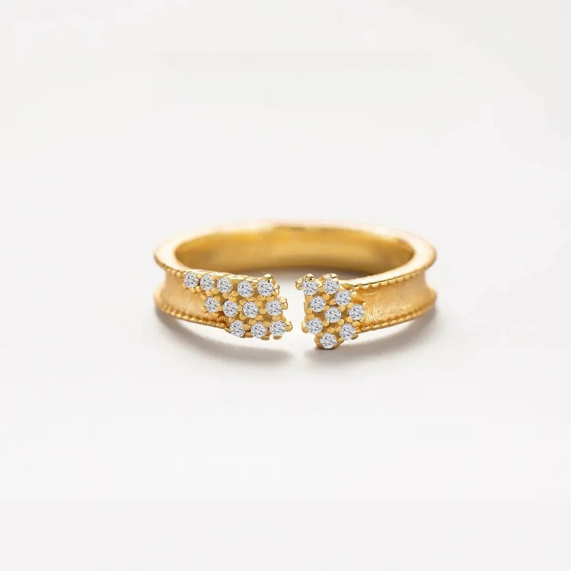 Litheline 24K Gold Plated Brass Milgrain-Edged Open Ring Multi-Stone CZ Clusters Irritation-Free Gentle Fit Office-Ready Jewelry view 2