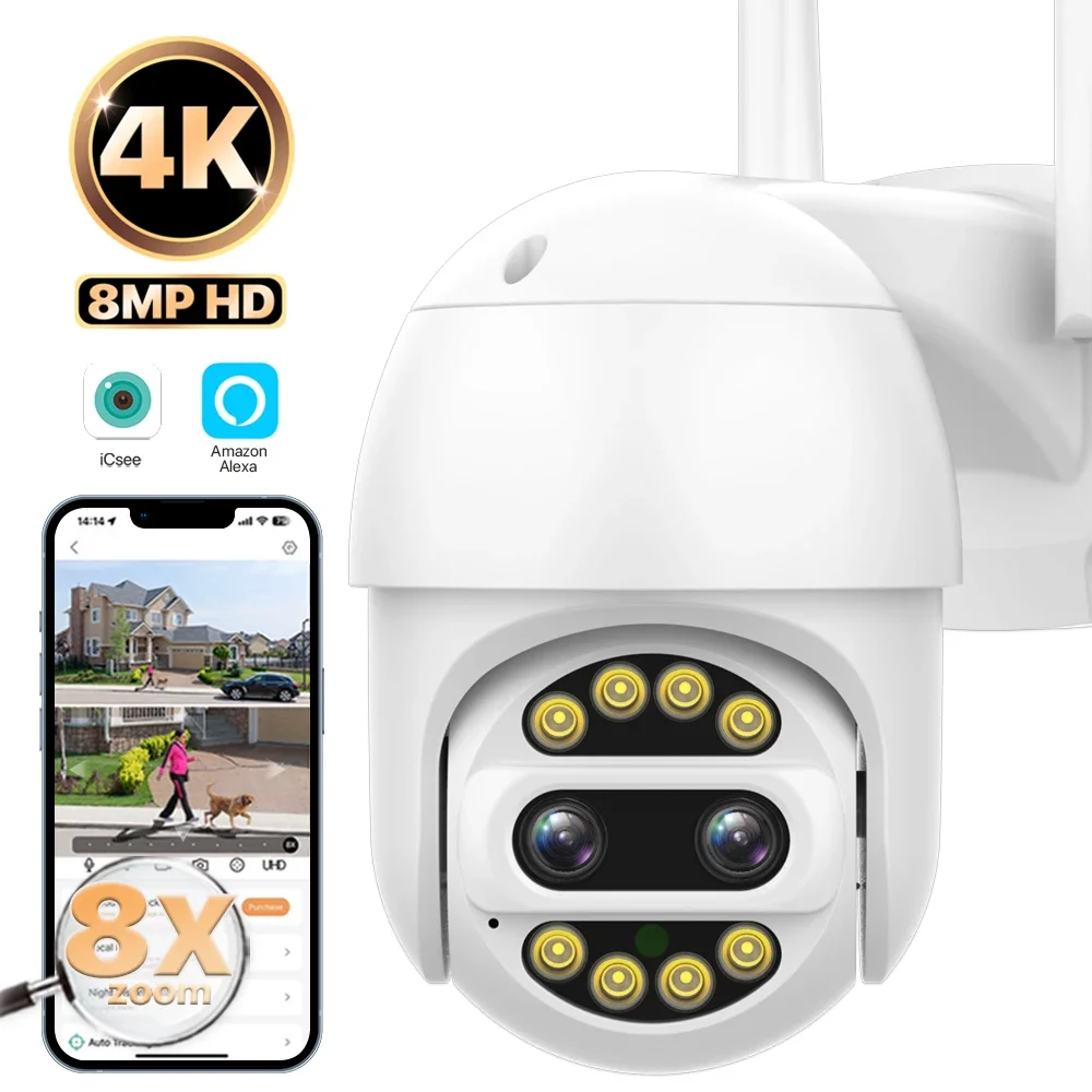 

8X Zoom PTZ IP Camera 4K 8MP HD Security WiFi Camera Color Night Outdoor Speed Dome Camera Dual Lens Surveillance CCTV iCSee APP