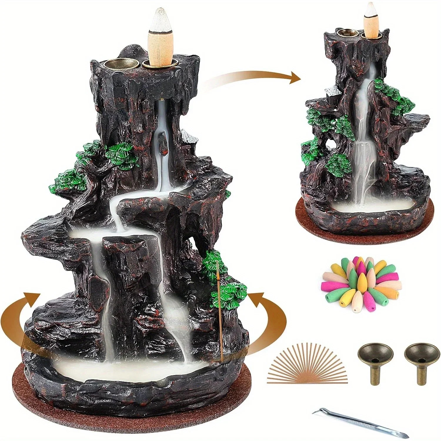 2 sides Waterfall Incense Burnier with 120 Backflow Incense Cones, 30 Incense Sticks, Aromatcherapy Ornamen