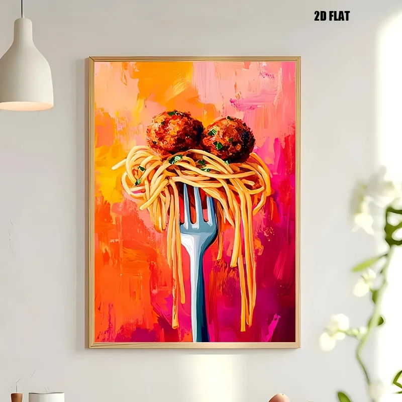 1pc Italian Pasta and Meatballs Wall Art Poster - Frameless Vertical Modern Retro Abstract Food, Spaghetti & Meatballs Print