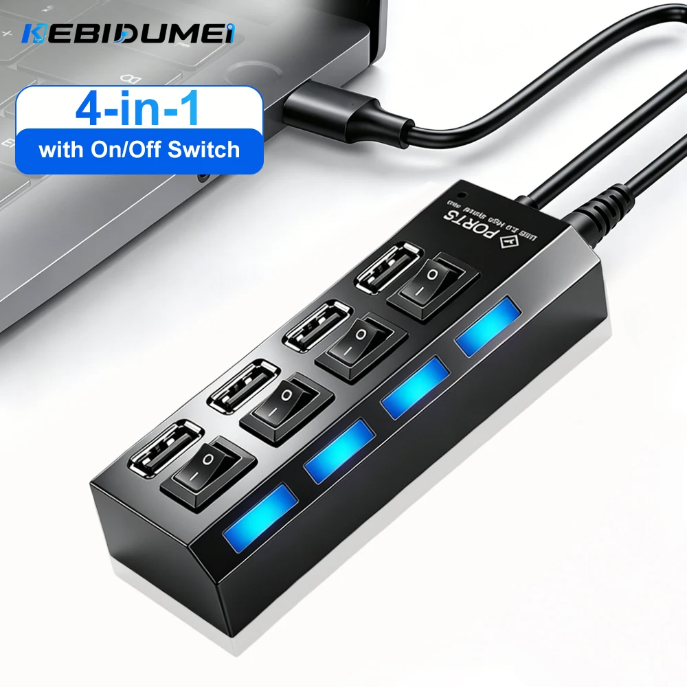 KEBIDUMEI HUB USB de 4 puertos con interruptor de encendido/apagado individual, divisor USB, adaptador USB 2,0 para ordenador, portátil, MacBook, accesorios para PC