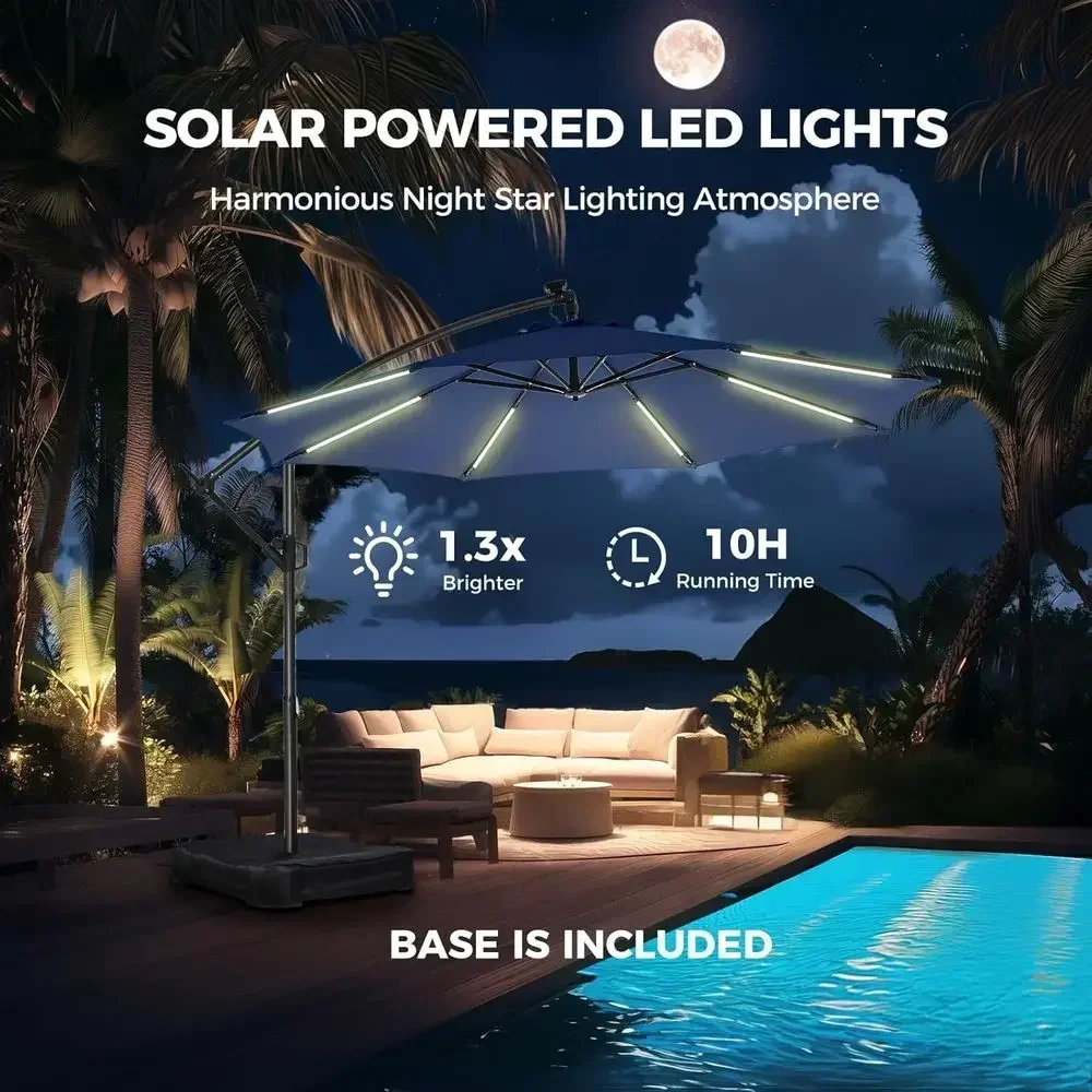 10ft Offset Cantilever Patio Umbrella with LED Light and Base, UV50+ Protection, Easy Crank Operation, Navy Blue