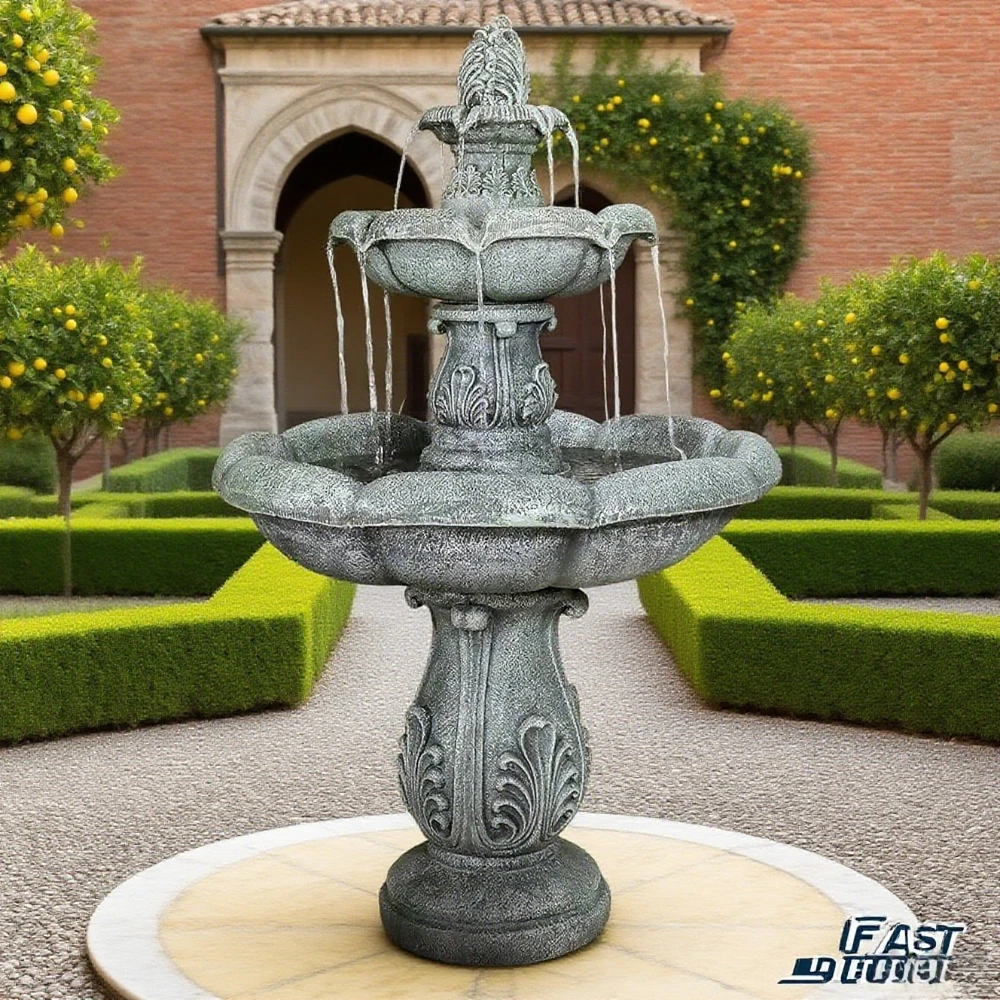

48 Inch High 3 Tier Modern Concrete Outdoor Water Fountain Large Garden Fountain with Pump Patio Yard and Deck