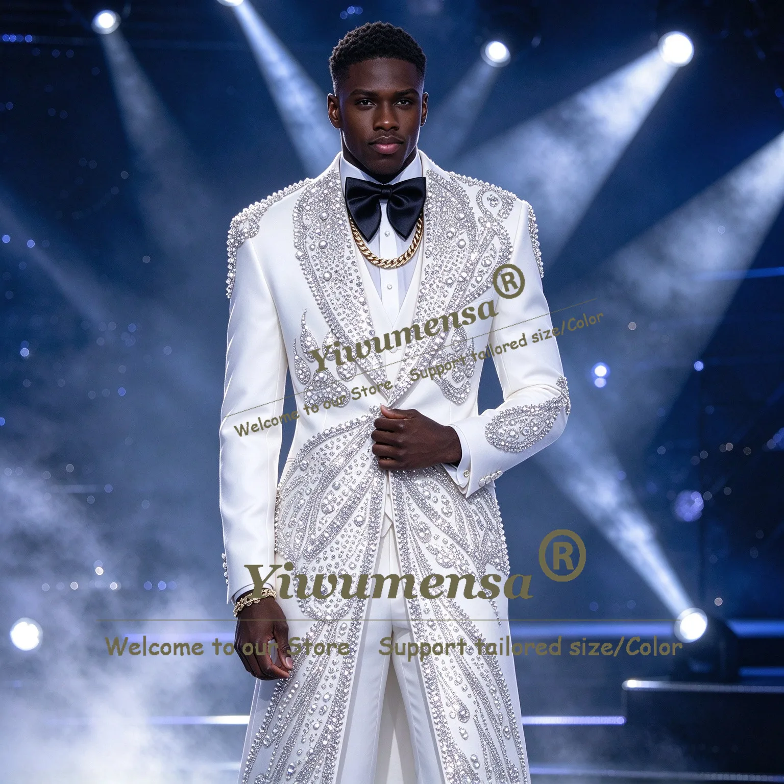 Brilliant Men Suits Long High-End Customized Beaded Stones Pearls Groom Wedding Tuxedo 2 Pieces Single Breasted Prom Blazer Pant