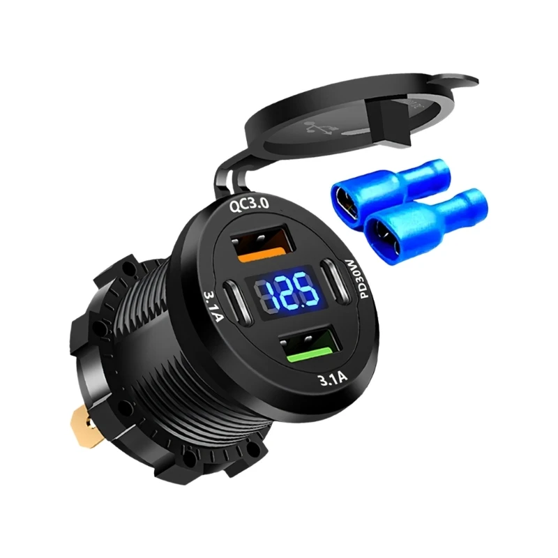 Protective Cap USB Power Outlet for Vehicle Panels, Double Type-C and Double USB-A Ports, Front Readout, 12V-24V Use in 68UF