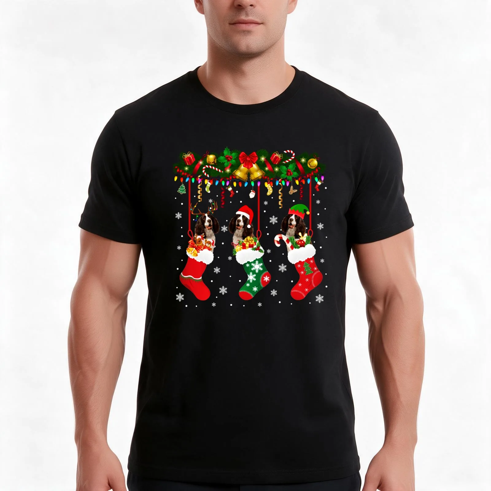 English Springer Spaniel In Sock Xmas Reindeer Santa ELF Dog T-Shirt Summer Casual Cotton Tee Oversized Streetwear Tops