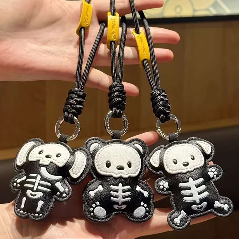 Skull Bear Keychain Skeleton Teddy Pendant Punk Metal Ring Braided Cord Cool Street Accessory Bag Charm Gift for Trendy Guys