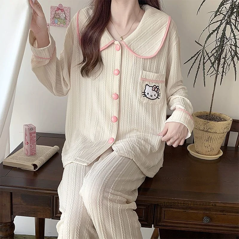 Sanrio Hello Kitty Women\'s Spring Autumn New Sleepwear Korean Style Pure Cotton Home Clothes Simple Design High-end Pajamas Set