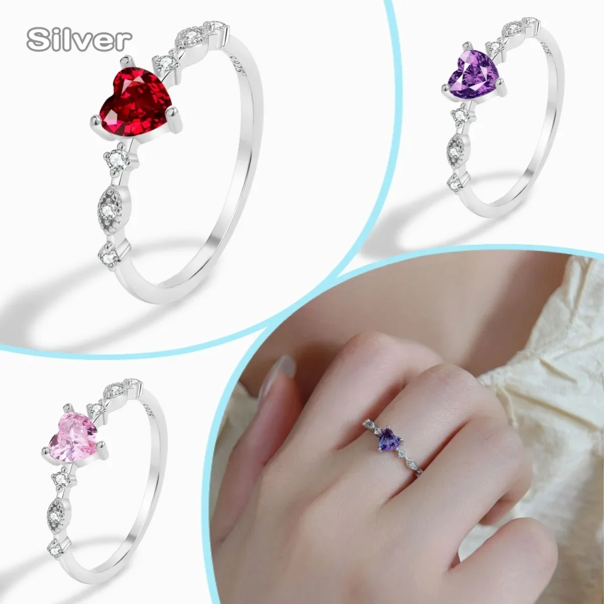 

2024 Europe and America Selling New Product 100% Pure Silver Heart Shaped Zircon Ring Women Fresh Joyful Romantic Jewelry Gift