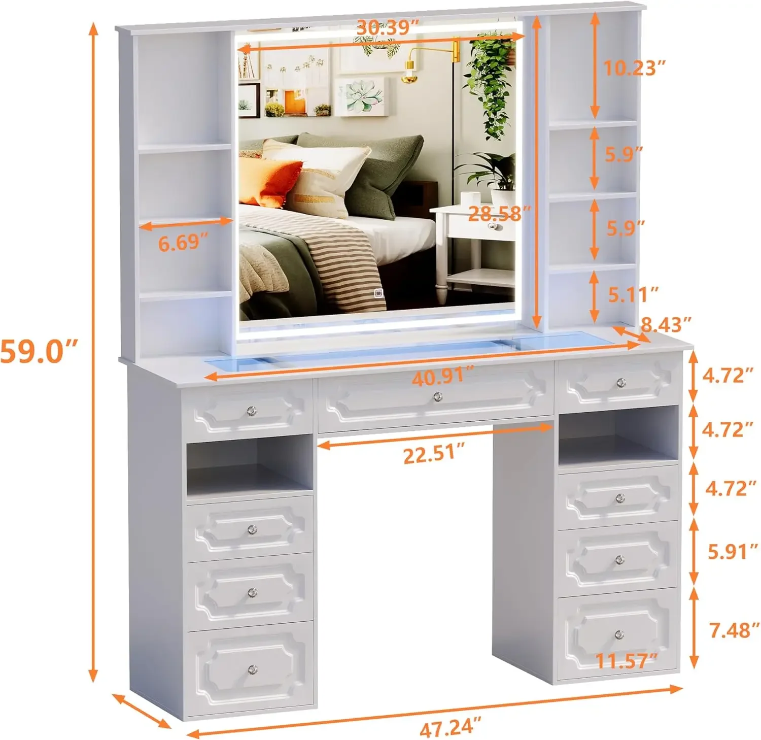 Extra Large Vanity Desk with Lighted Mirror,Huge Desktop Makeup Vanity Table with 9 Drawers