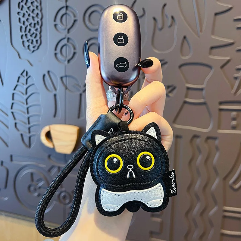 Trendy Leather Car Keychain For Pets - Black Brown White Cute Cat Design Backpack Charm, Luxury Keyring Pendant Gift For Animal