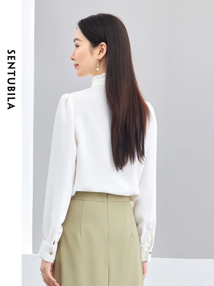 SENTUBILA Ruffles Chiffon White Shirts Women 2024 Spring Autumn Elegant Ruffled Collar Long Sleeve Tops Female Clothes 141V53022