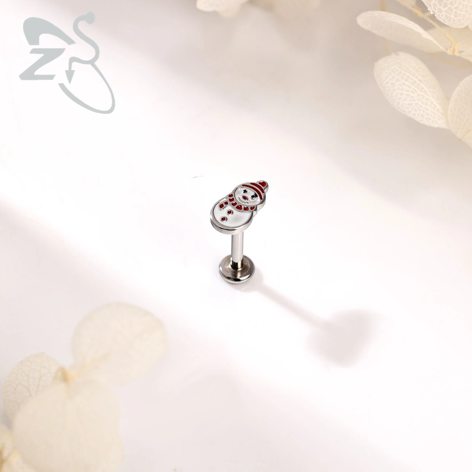 ZS 1PC 16G Stainless Steel Lip Ring Internal Thread Labret Piercing Ear Stud Snowflake Snowman Cartilage Earrings Jewelry