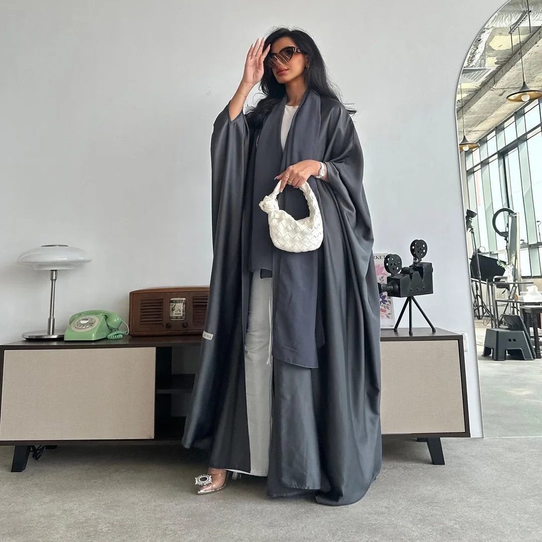 Eid ramadan 2024 luxo cetim aberto quimono abaya dubai batwing manga abayas para mulheres vestido muçulmano roupas islâmicas kaftan robe