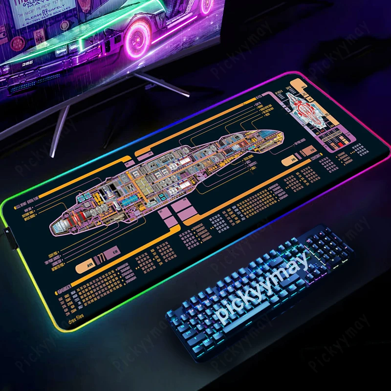 Коврик для мыши с космическим кораблем RGB, игровые коврики для мыши, светодиодный коврик для мыши, коврик для клавиатуры, противоскользящий коврик для мыши XXL, светящийся коврик для компьютерного стола