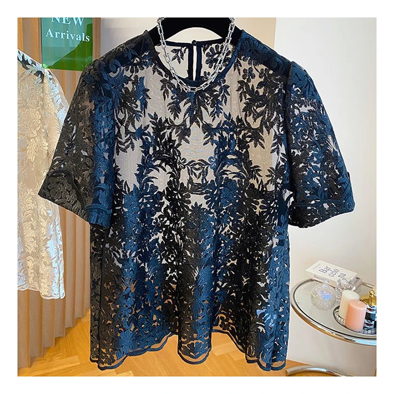 lace shirt women's short sleeved 2024 new loose and fashionable chiffon cover shirt small shirt top summer