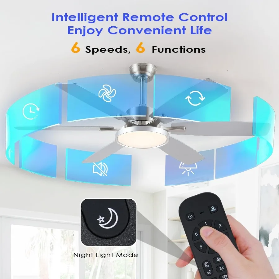 مروحة سقف حديثة مقاس 52 بوصة مع جهاز تحكم عن بعد مدمج وجهاز تحكم في التطبيق لغرفة النوم وغرفة المعيشة، تصميم مثبت على السطح يتميز بتيار مستمر R #5