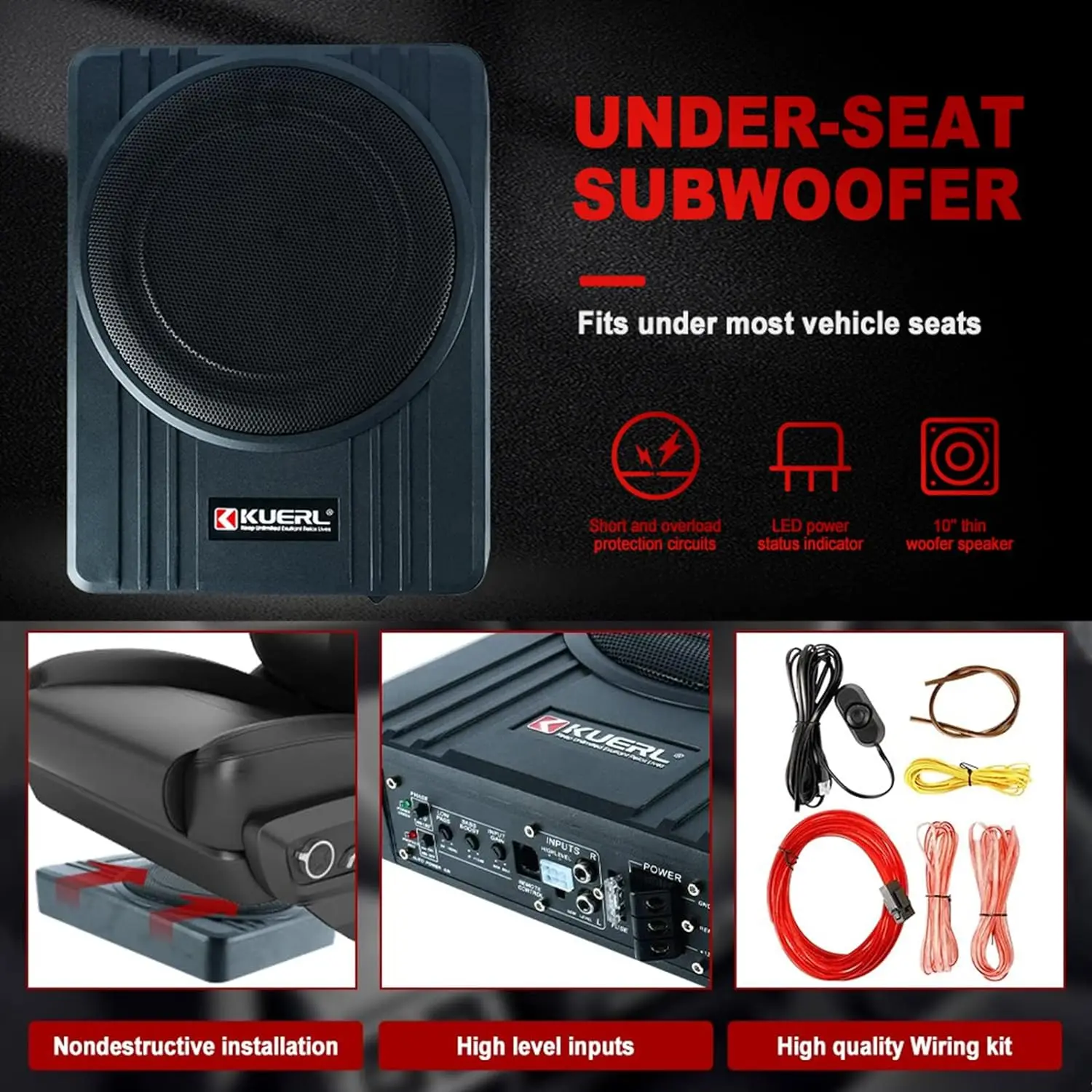 YaCCC 10 Inch 800W Car Under-Seat Sub Woofer Active Powered Amplifier Bass Enclosed,Under Seat Subwoofer and Amp Package