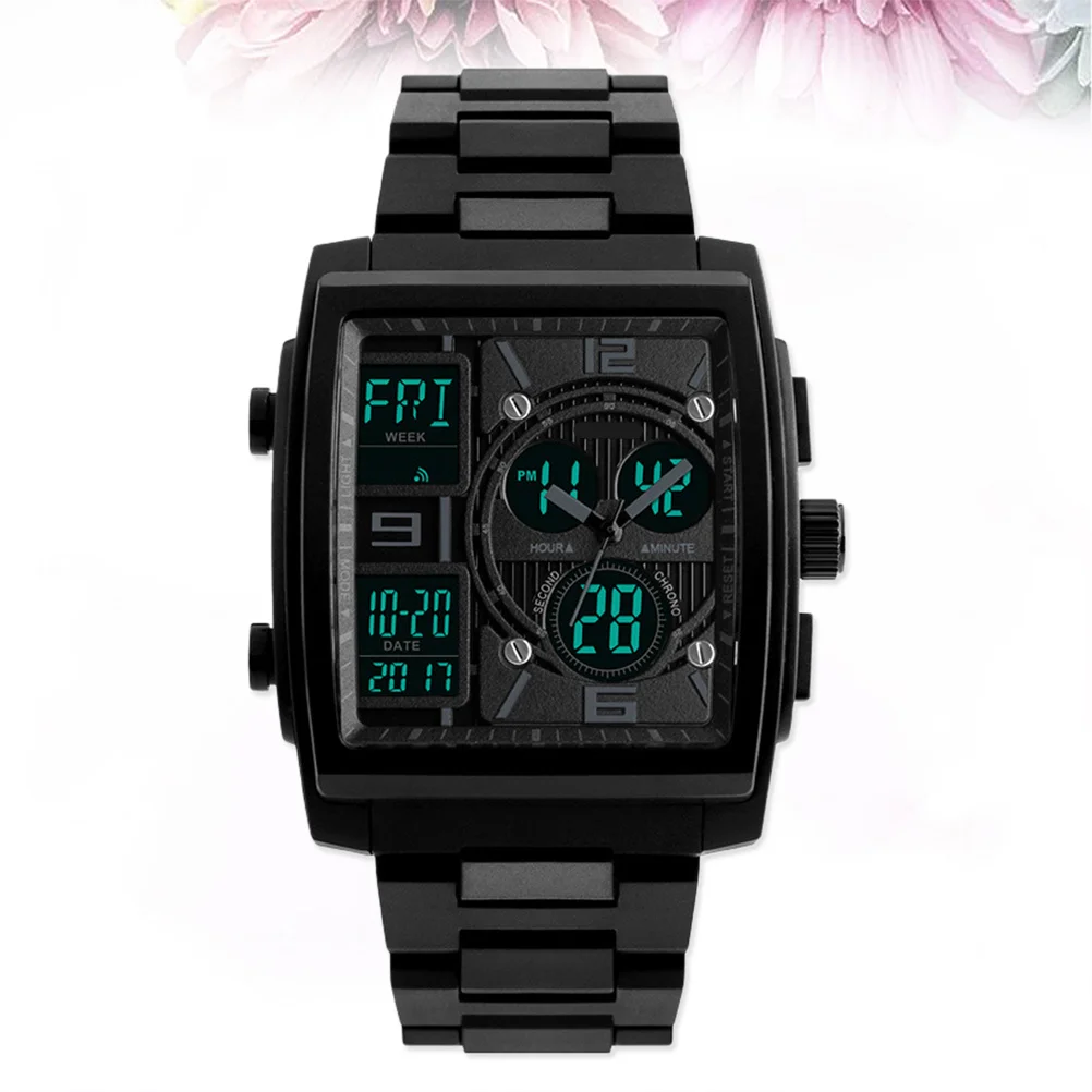 นาฬิกาสปอร์ตสำหรับผู้ชายทรงสี่เหลี่ยมขนาดใหญ่สีดำสไตล์ทหารจอแสดงผลดิจิตอลแบบอะนาล็อก 50M กันน้ำไฟแบ็คไลท์ El มัลติฟังก์ชั่น