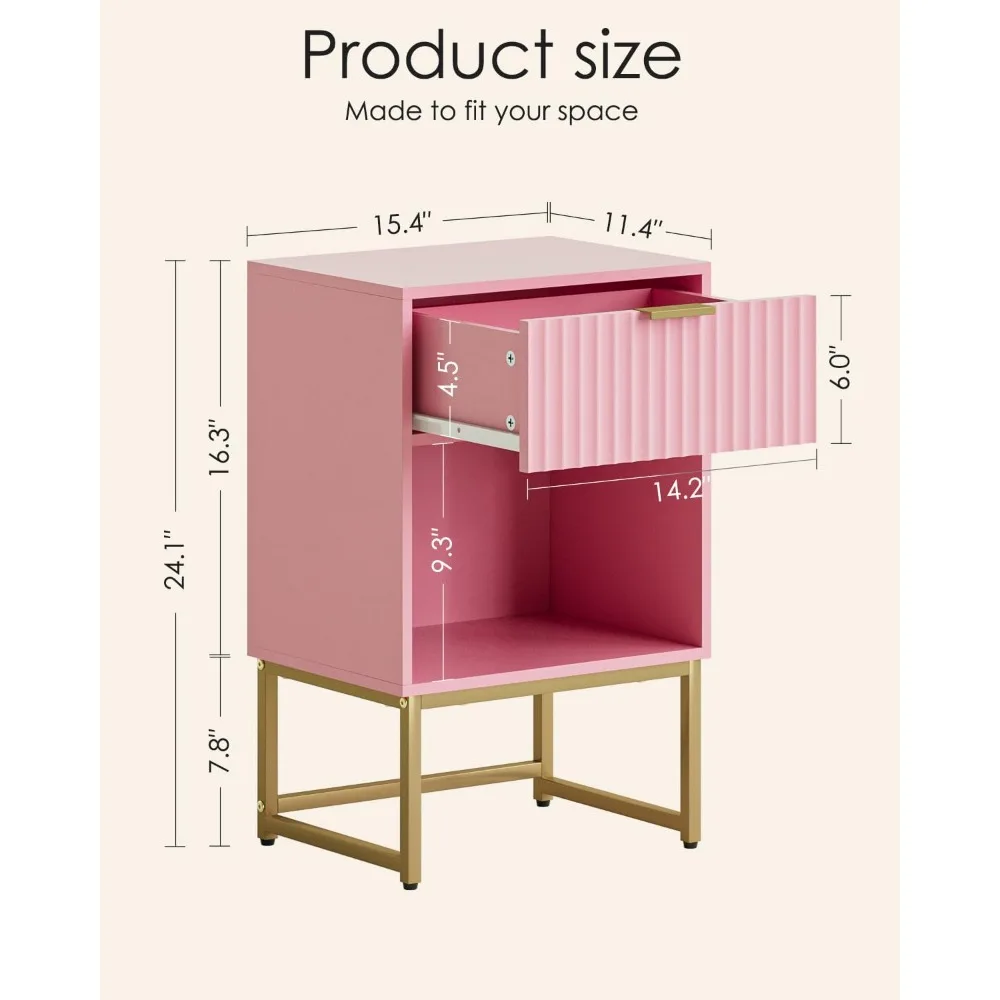 Fluted Nightstand with Drawer, Modern Wood Bedside Table for Bedroom Office, Pink