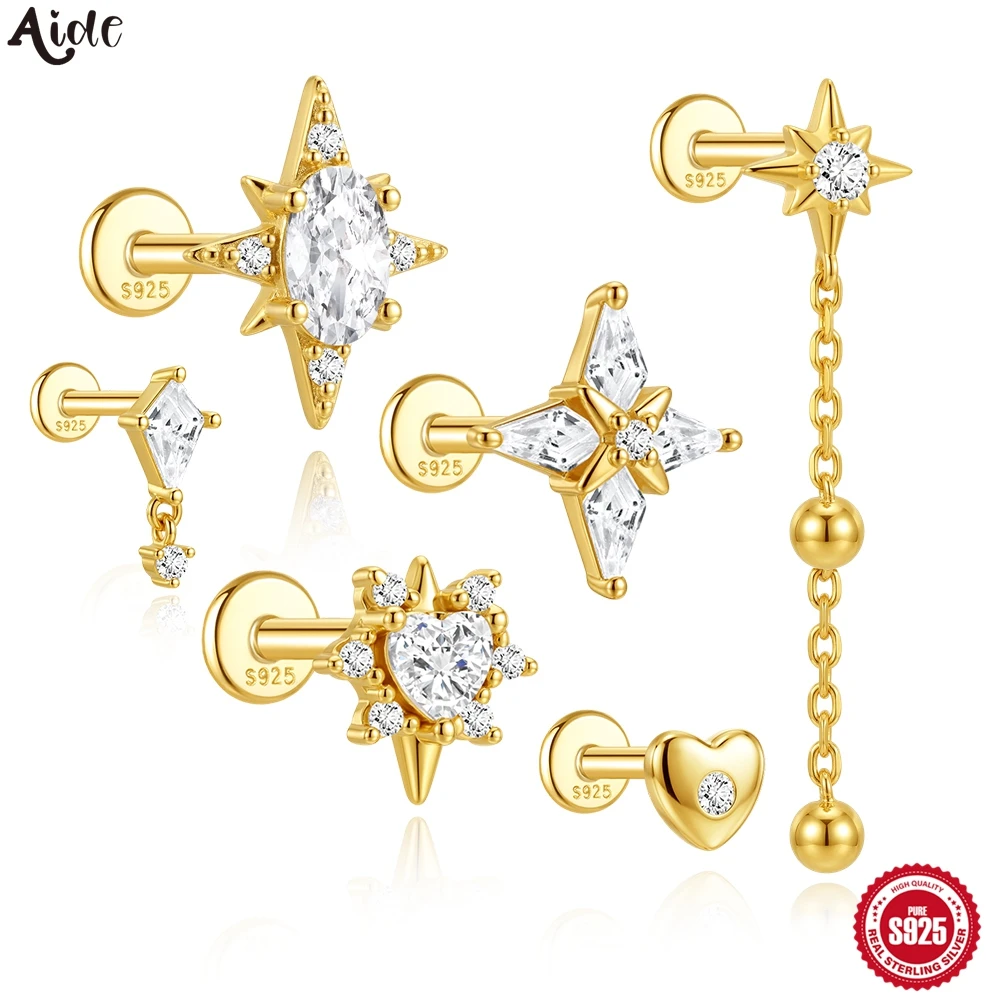 Aide S925 Sterling Silber Starburst CZ Ohrstecker 18K Vergoldete Hängende Knorpelohrringe für Damen Trendiger Ohrschmuck zum Stapeln 1 Stück