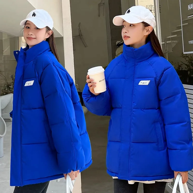 

2024 Winter Jacket Womens Blue Fashion Bubble Coats Stand Collar Korean Streetwear Cotton Padded Ladies Puffer Outerwear S-2XL