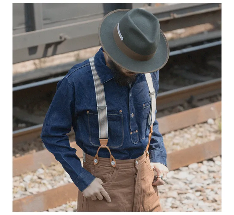 BRONSON Vintage Y Shape Suspenders, Old Time Patch Leather Braces, American Workwear Retro Shoulder Straps