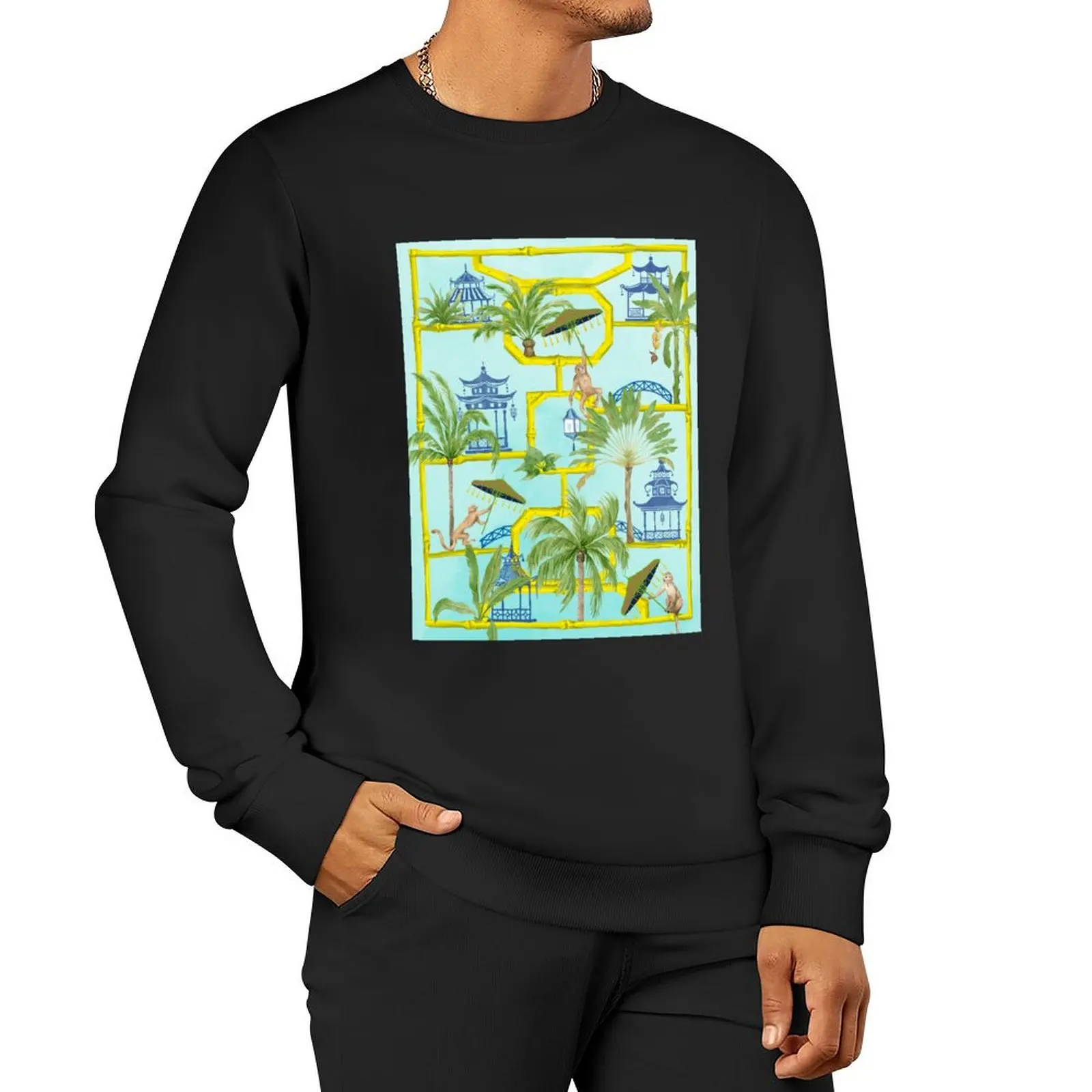 

Happy chinoiserie monkeys in pagoda paradise Pullover Hoodie men's coat autumn sweatshirt