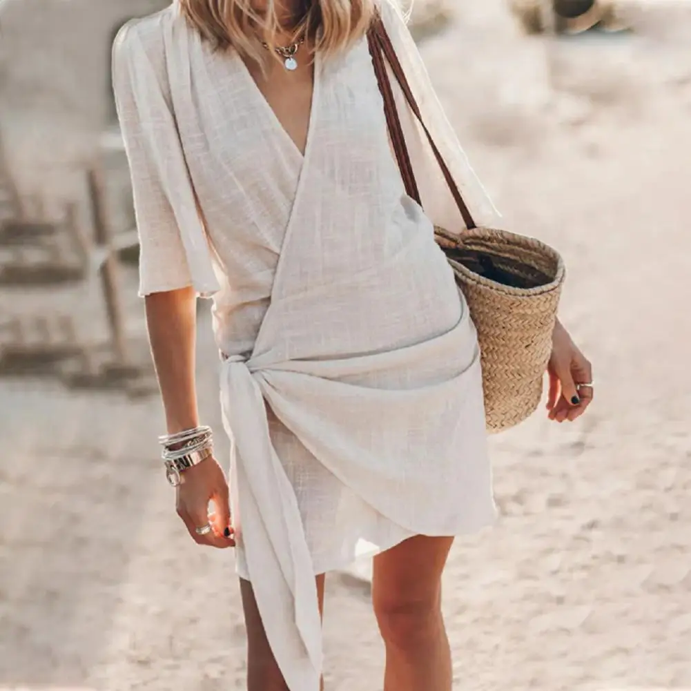 Boho Style Women Dress Elegant Lace-up V Neck Mini Dress for Women A-line Solid Color Beach Cover-up with Half for Summer