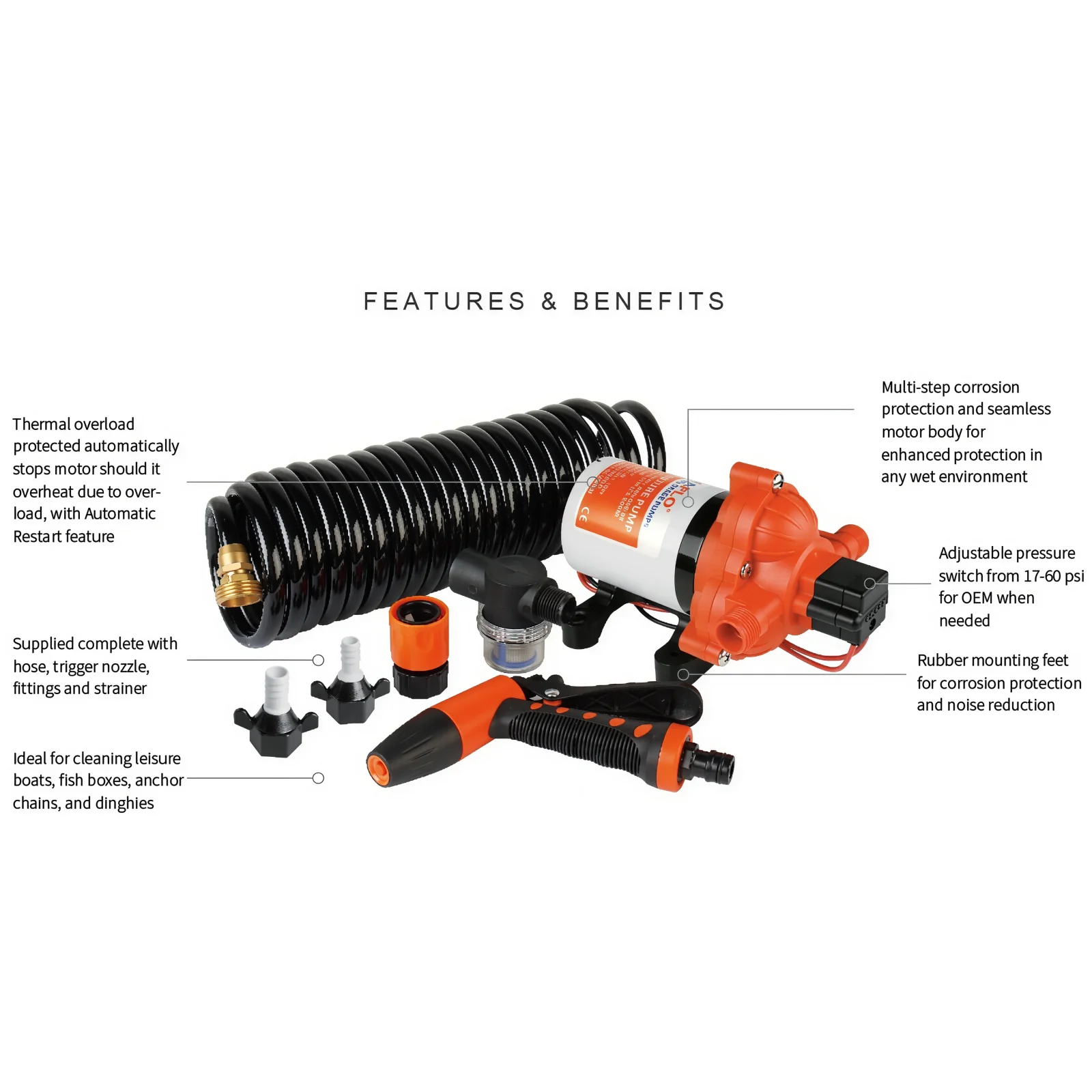 SEAFLO 33 Series 3.0GPM 70PSI 12V Washdown Pump Kit With Coiled Hose Marine Boat Accessories Showers for RV Caravan