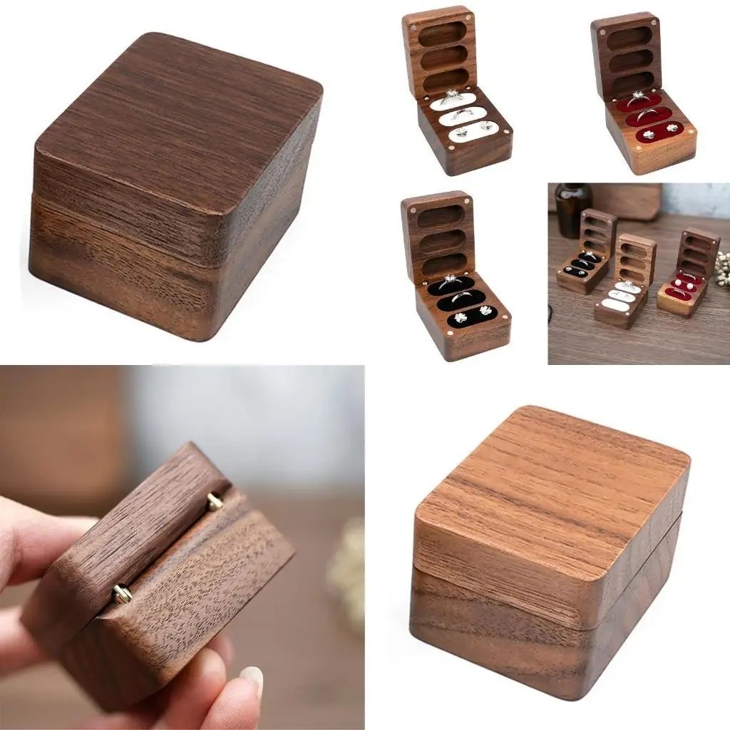 

31BB Sophisticated Ring Case Walnut Jewelry Stylish Ring Presentation Box with Protective Velvets for Couples