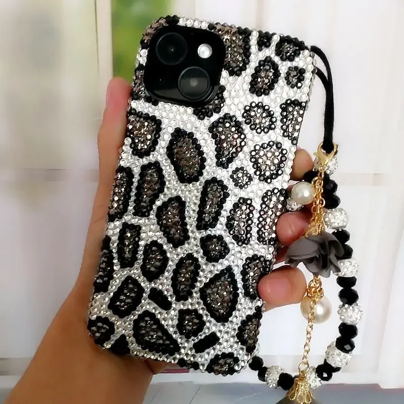 Bling Bling Grey Leopard Print Rhinestone All Inclusive Phone Case for iPhone 15 Pro Max 14 13 12 11 Xsmax Xr Full Soft Cover