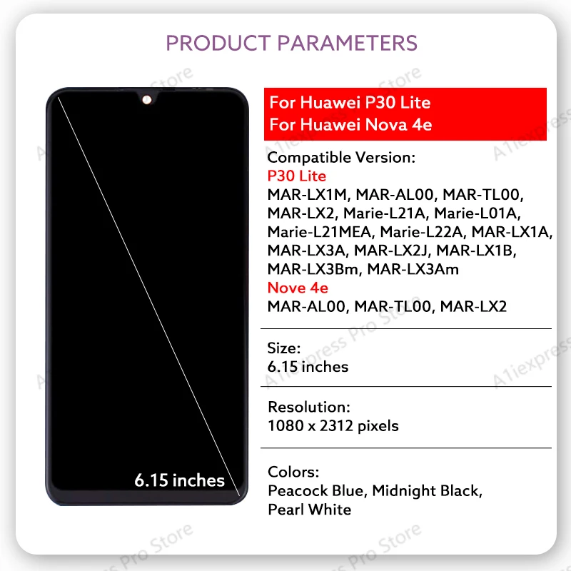 Wyświetlacz LCD do Huawei P30 Lite Nova 4e Ekran Dotykowy Digitizer 6.15" MAR-AL00 MAR-TL00 MAR-LX2 Testowane Części Zamienne Gorąca Sprzedaż — zdjęcie produktu 2