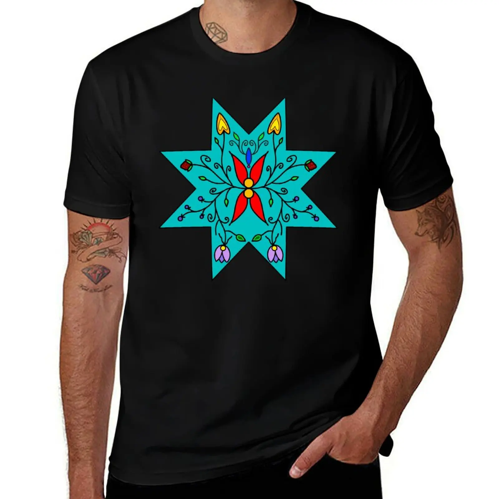 Turquoise Floral Star T-Shirt Sports Casual Short Sleeve Cotton Tee T-Shirt