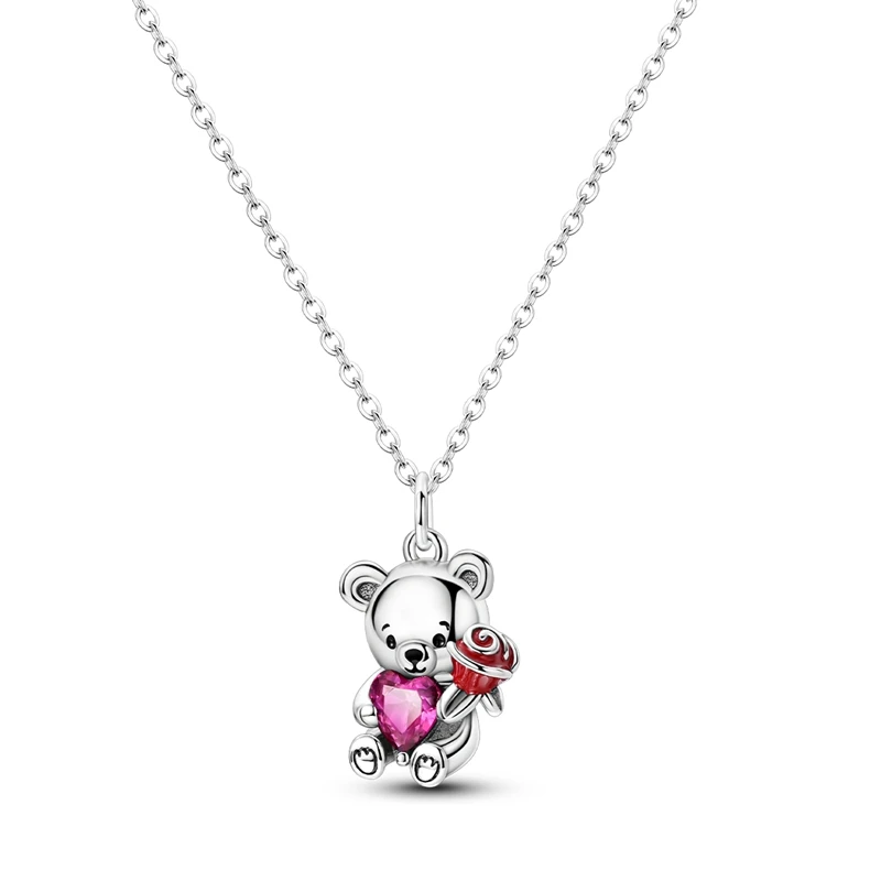 New 925 Sterling Silver Valentine's Day - Confession Bear Pink Love Red Rose Necklace Wedding Party Jewelry Gift