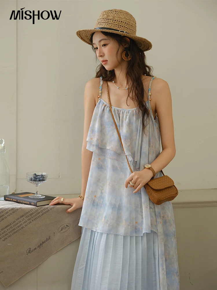 Mishow moda impressão cinta vestido para mulher 2025 verão nova multi camada plissado borda emenda sem mangas midi vestidos mxe35l2233