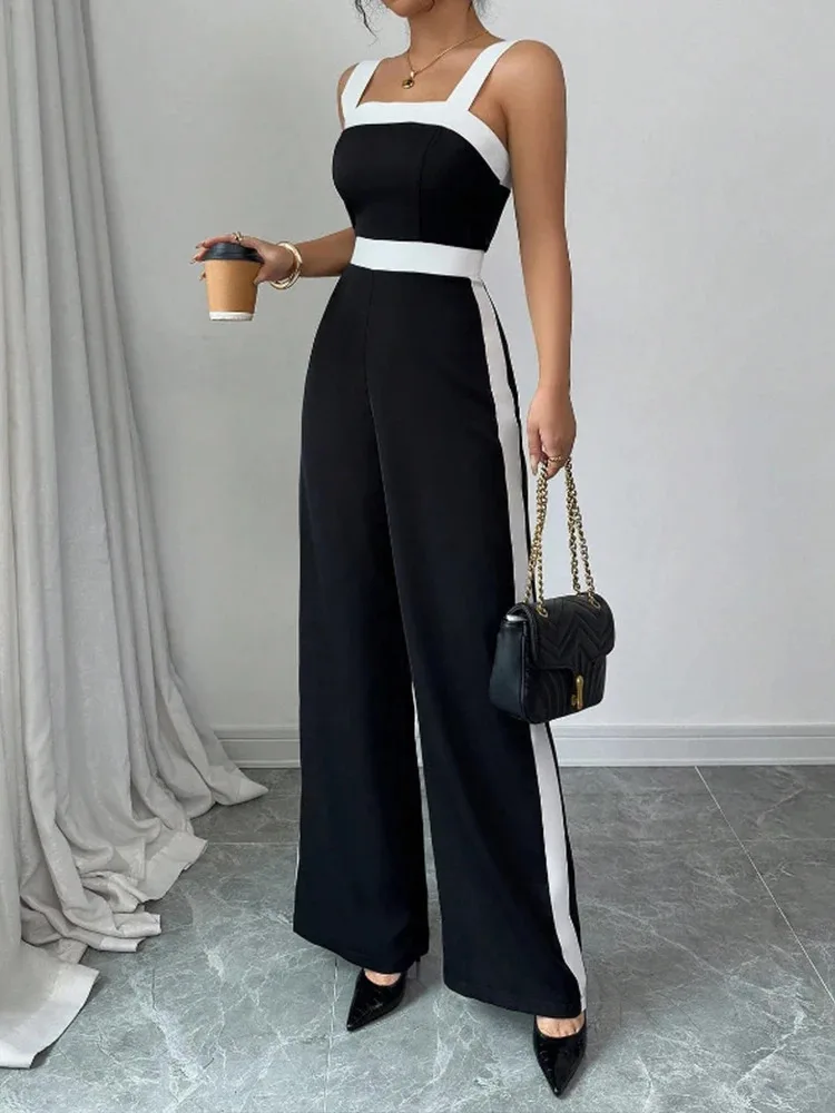 

Black White Contrast Jumpsuit for Women Square Neck Wide Leg Perfect for Formal Occasions Dinners Trendy Looks