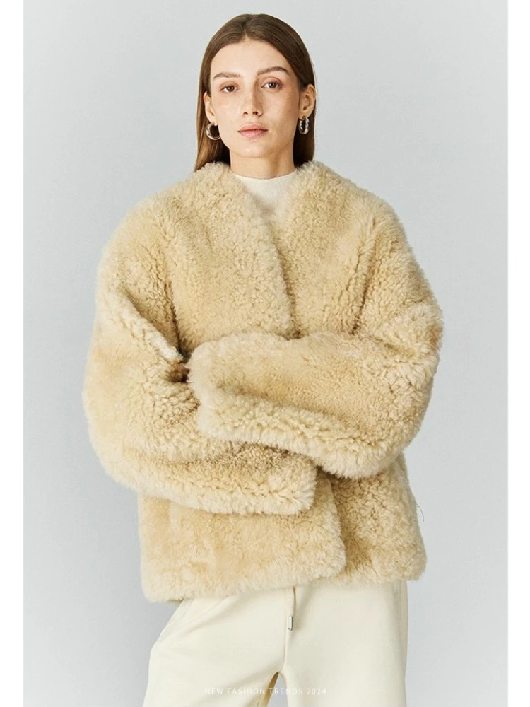 

High-end Luxury Natural Lamb Fur Winter Furry Jackets for Women 2026 Simple V-neck Loose Genuine Leather Real Fur Lambswool Coat