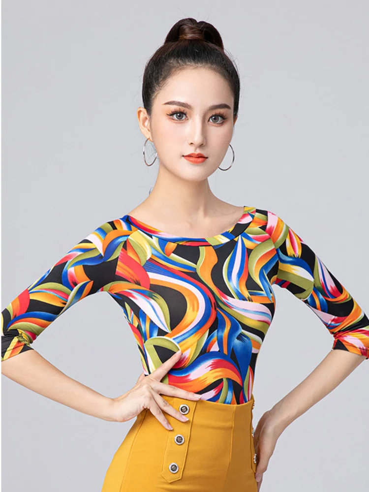 Flower Flamengo Rainbow Women\'s Dance Tops Latin Wear Woman Slim Fit Clothing Belly Costume Girls Elegant Standard Dances Shirt