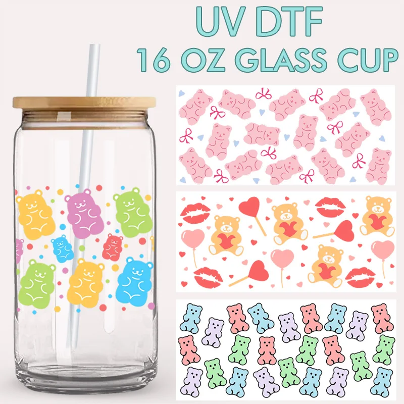 UV DTF Cup Wrap Colorful Gummy Bear, 16oz Glass Can Transfer Sticker, Heart Lips Waterproof Decal for Libbey Glass Cup