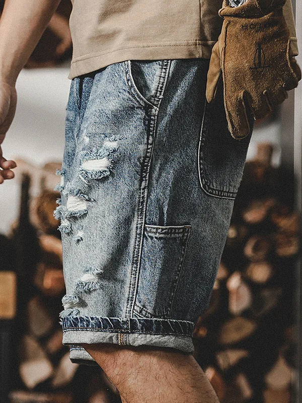 

Loose Straight Ripped Capri Pants Men's Casual Torn Five-Quarter Length Breathable Modern Style Mid-Waist Wide Leg Jeans