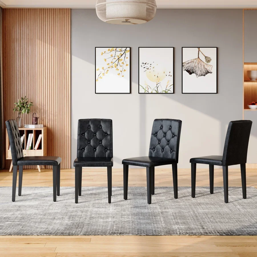 4-pack black PU dining chairs: ergonomic buckle backrest, 35 inches high, black metal legs, Combines Comfort and Texture.Perfec
