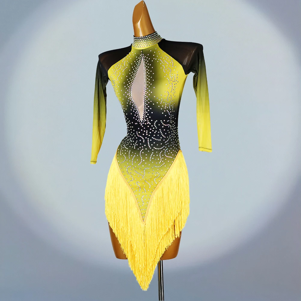 فستان مسابقة الرقص اللاتيني الجديد بأكمام طويلة، ملابس شرابة سامبا بياقة عالية، فستان رقص نسائي أصفر