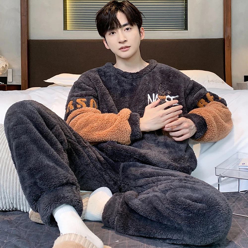 Winter Thicken Flannel Sleepwear for Sleeping Men\'s Pajamas Set Korean Style Cartoon Pajama Warm Loose Comfortable pijama hombre