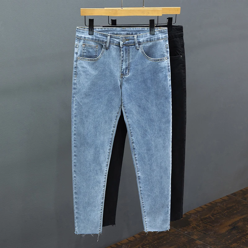 

Summer Thin Korean Slim Jeans Men Washed Elastic Straight Spring Denim Trousers Fashion Little Feet Ankle Length Pants Male